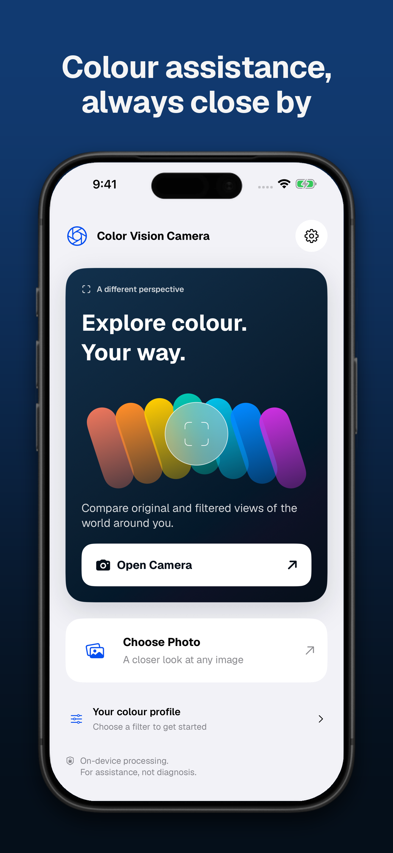 Color Vision Camera home screen with camera, photo, and colour setup options