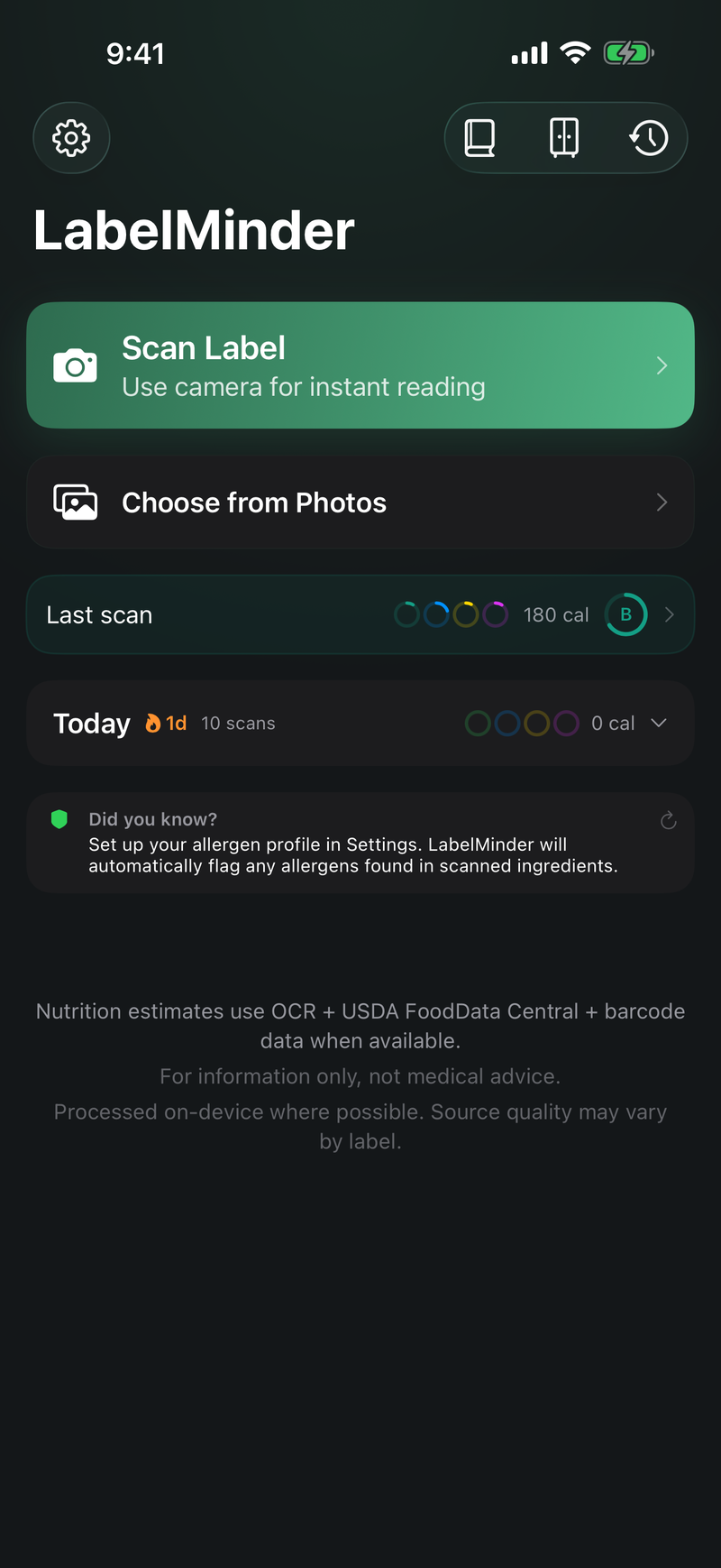 LabelMinder home screen: scan a nutrition label or choose a photo