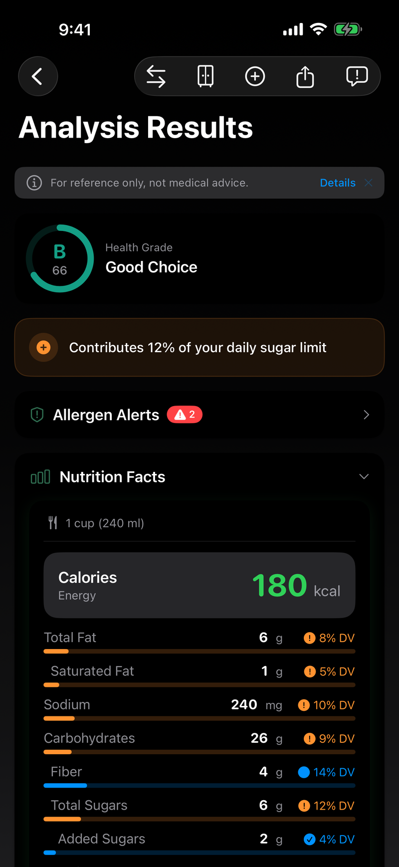 LabelMinder analysis: instant A to E health grade with nutrition facts and allergen alerts