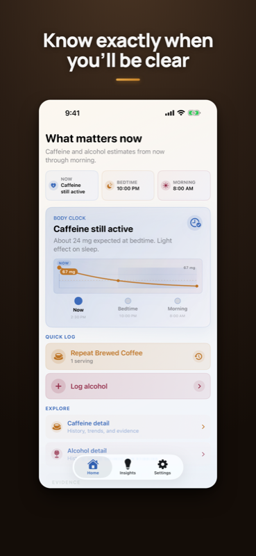 ClearHalf home: the Body Clock forecasts your caffeine curve through bedtime and morning